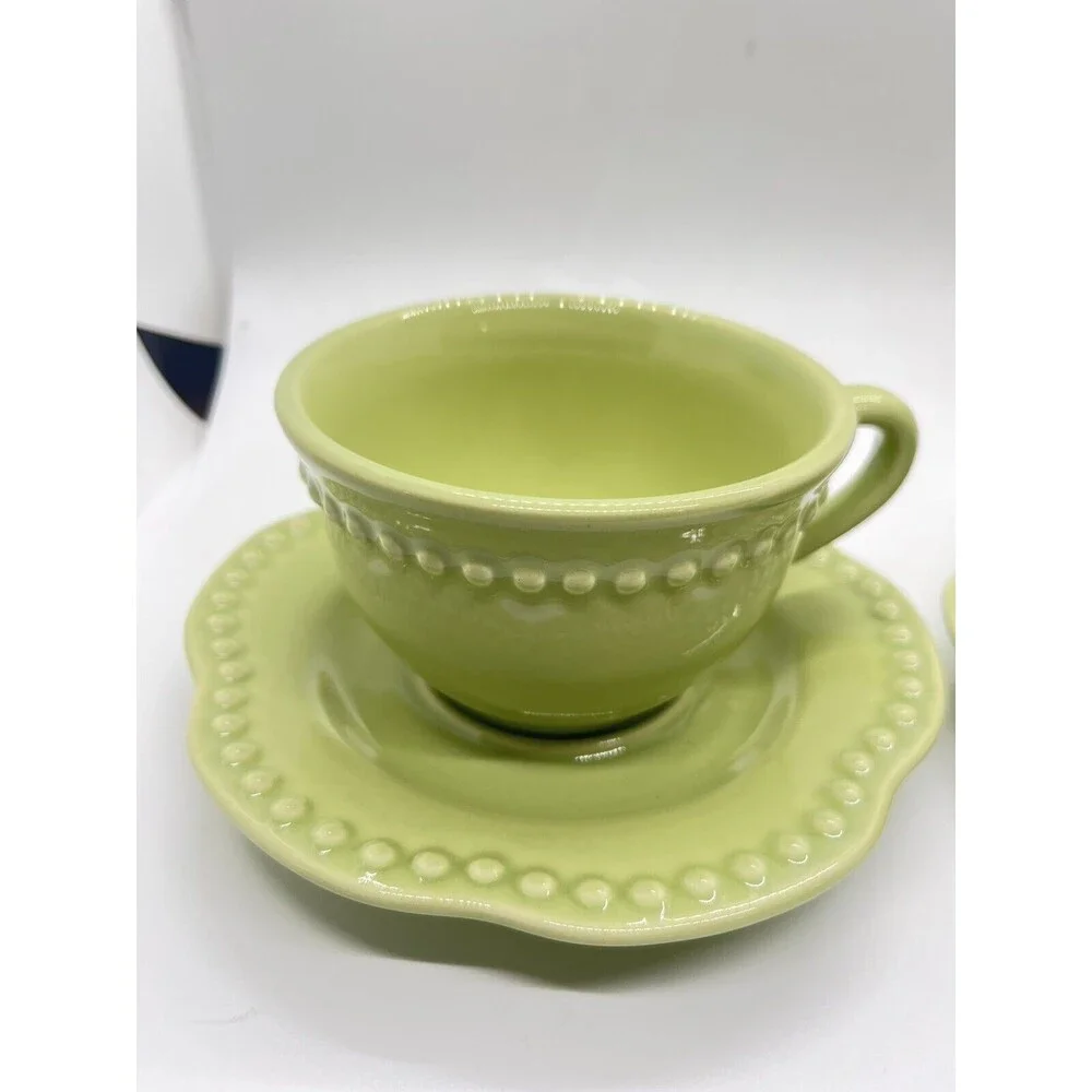 SET OF 2 POTTERY BARN EMMA GREEN BEADED CUP & SAUCER SETS PORTUGAL